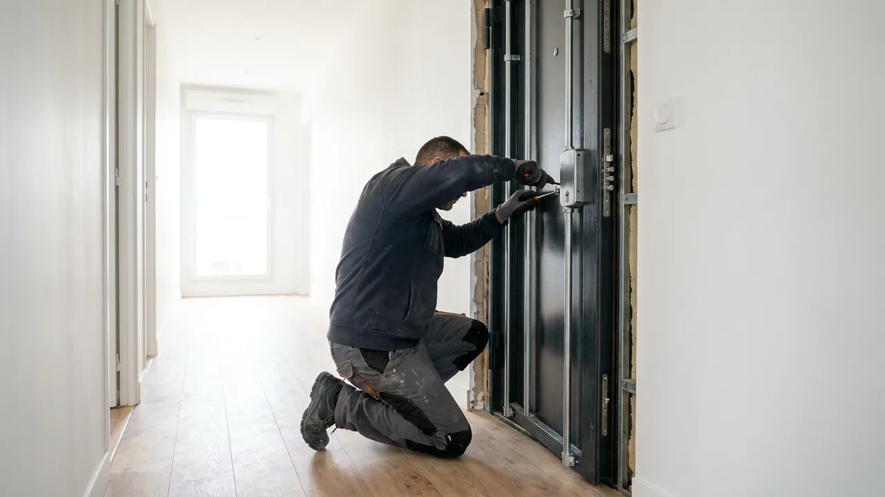 Porte blindée avec serrure multipoints en cours d'installation dans un immeuble d'Épinay-sur-Seine
