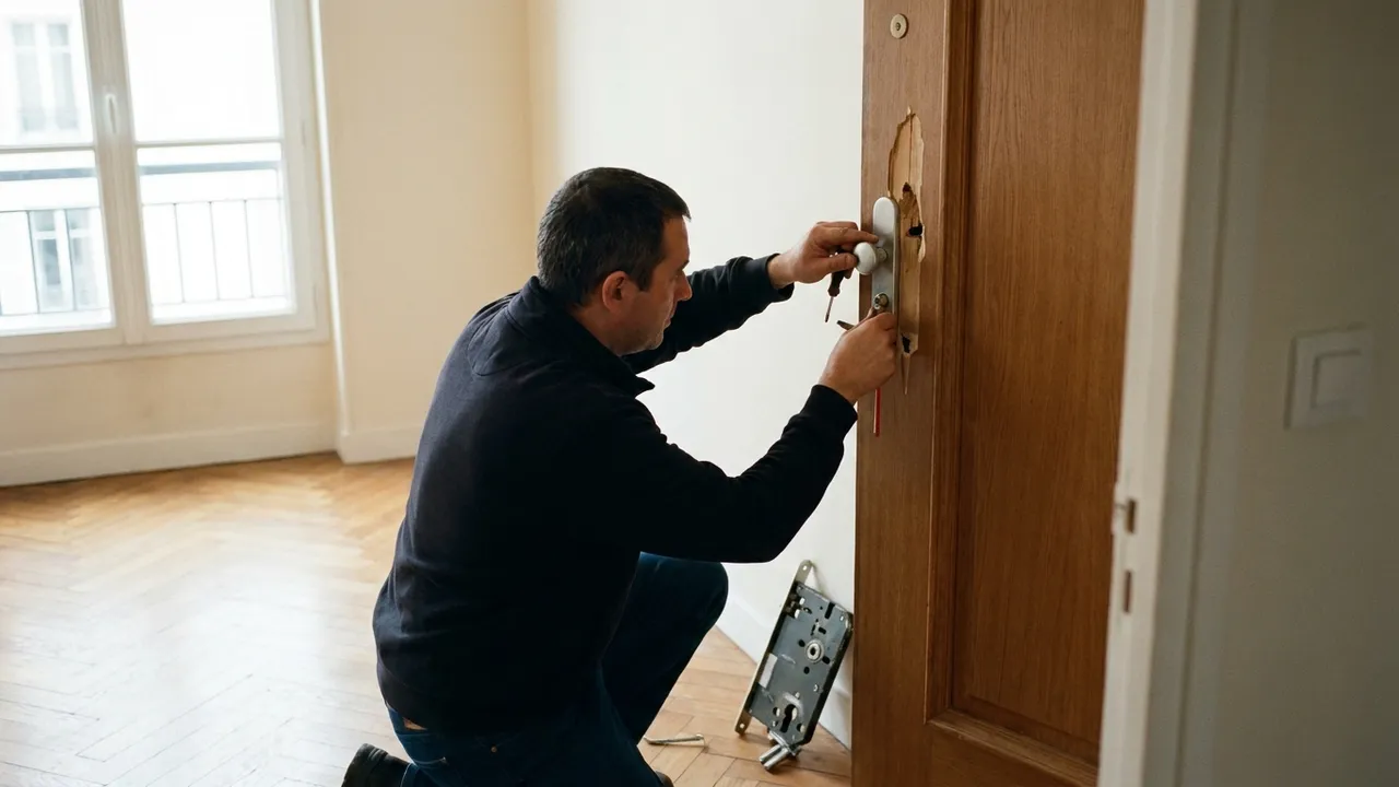 Serrurier réparant une porte fracturée après un cambriolage dans un appartement d'Épinay-sur-Seine