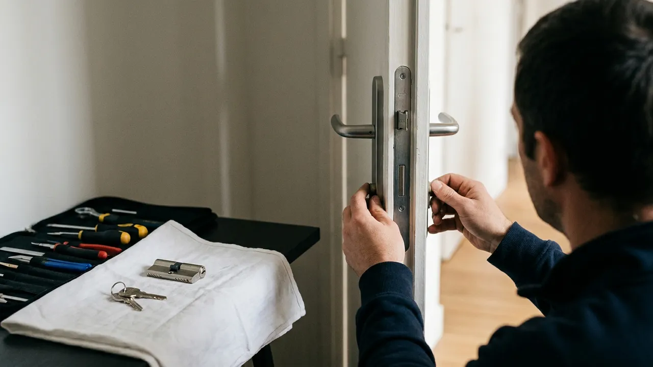 Pose d'une serrure neuve avec cylindre et clés sur une porte d'appartement à Épinay-sur-Seine